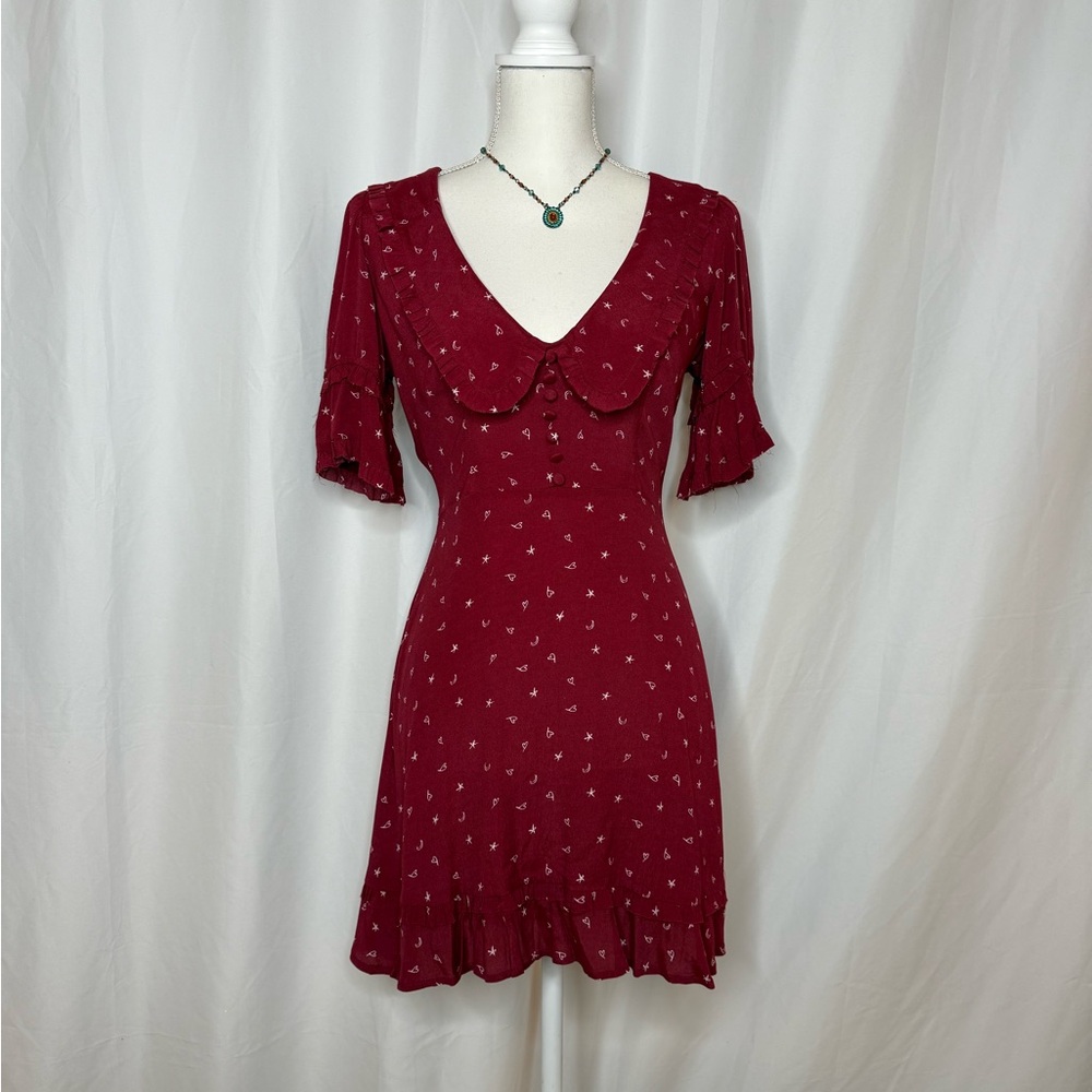 NWOT For Love & Lemons Elegant Burgundy Dress with Ruffle Details
